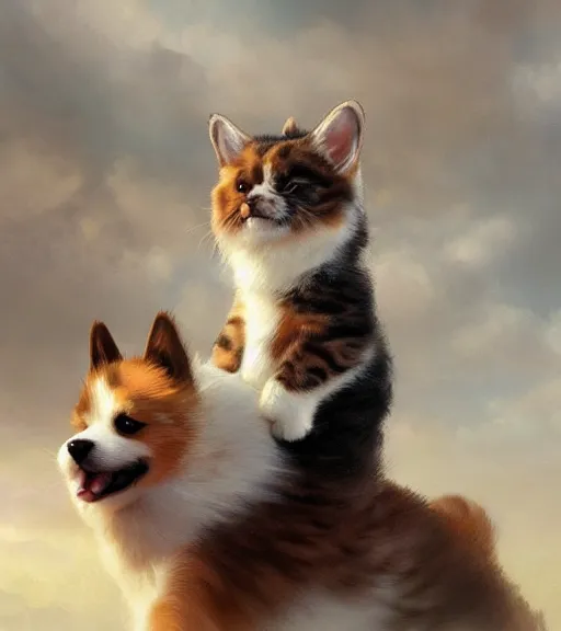 Image similar to fluffy cat riding on top of a corgi, realistic, portrait, intricate, detailed, volumetric lighting, scenery, digital painting, highly detailed, artstation, sharp focus, illustration, concept art, ruan jia, steve mccurry