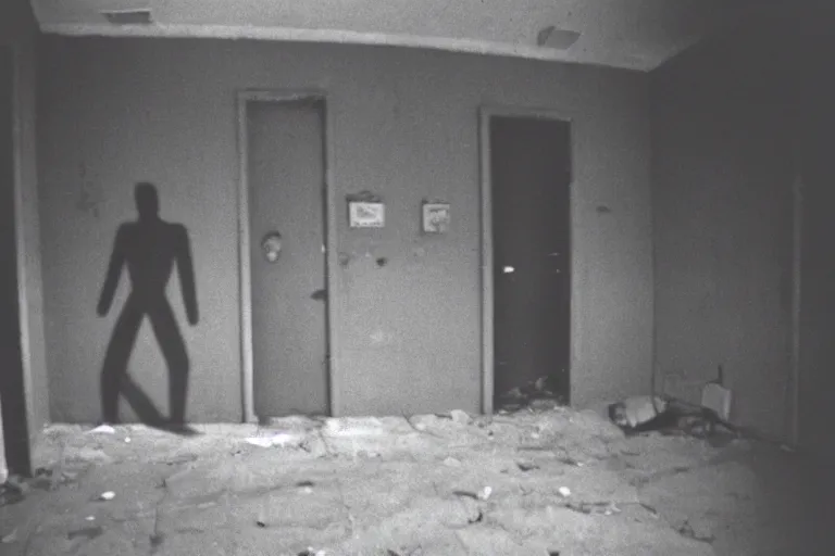 Prompt: 1 9 9 0 s security cam found footage of an abandoned soviet town with a male humanoid shadow monster, liminal space, backrooms, scp, film grain, rundown, eerie, dark lighting, 3 5 mm, realistic, photograph