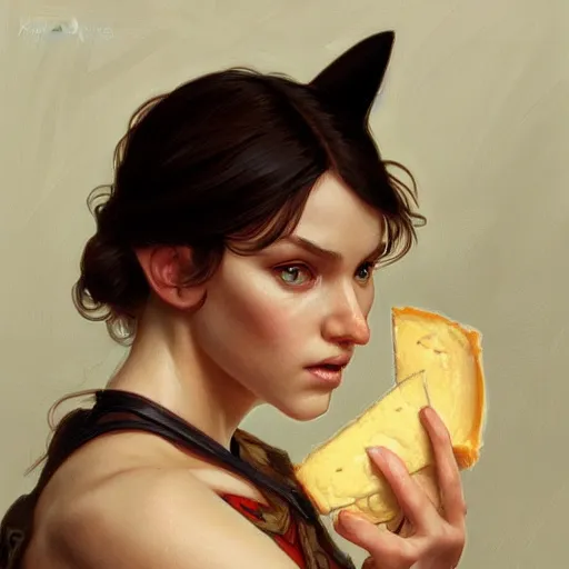 Image similar to a portrait of cat devouring cheese, highly detailed, digital painting, artstation, concept art, sharp focus, illustration, art by artgerm and greg rutkowski and alphonse mucha