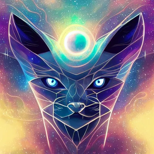 Image similar to geometric symmetrical jolteon with galaxy eyes in space, nebula in the background, intricate, elegant, highly detailed, digital painting, artstation, concept art, smooth, sharp focus, illustration, art by artgerm