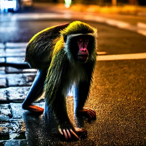 Image similar to a high quality low wide angle photo of a Mandrill monkey on the streets of a cyberpunk city, rainy, reflective ground, neon lights, realism, 8k