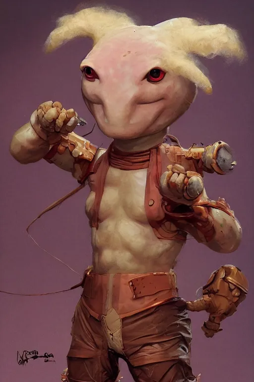 Image similar to portrait of the axolotl puppet bestower wearing deformable belt by artgerm and Craig Mullins, James Jean, Andrey Ryabovichev, Mark Simonetti and Peter Morbacher 16k