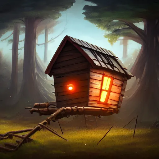 Image similar to a running wood and metal house with two legs and one big eye, rust, hyperrealistic, highly detailed, cinematic, single ray of sun, morning, pareidolia, gravity falls style, disney, beautiful, cgssociety, artstation, 8 k, oil painting, digital art