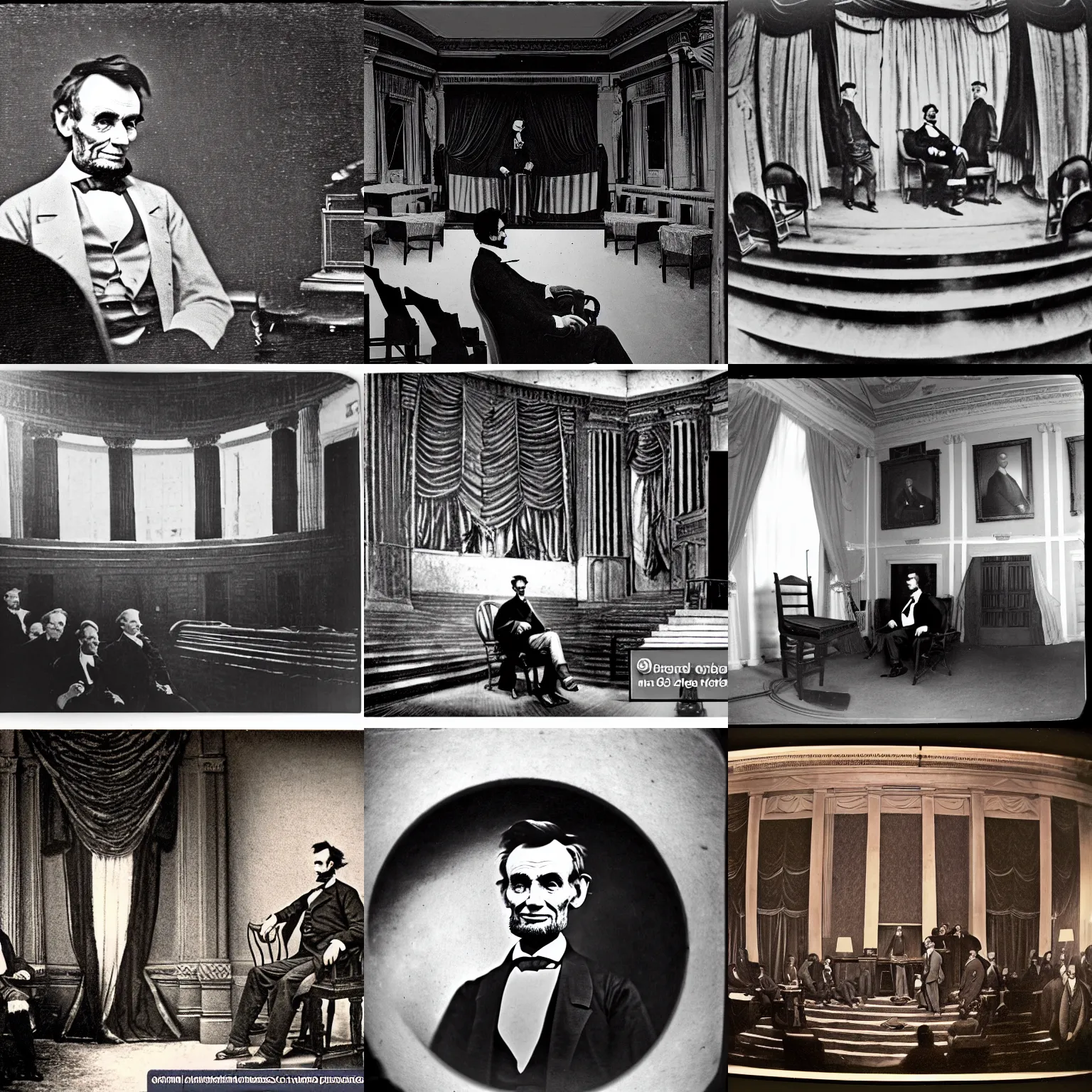 Prompt: fisheye lens photo of abraham lincoln sitting in ford's theatre