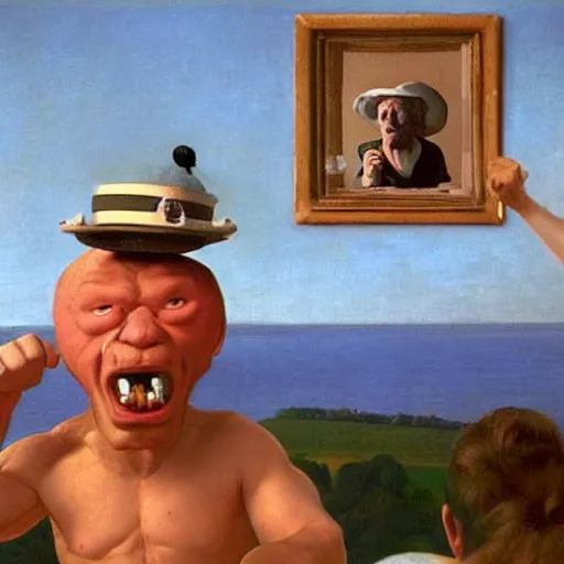 Image similar to a crazy-cooky-old-man yelling and screaming with his fist raised in the air, wearing a funny hat by Raphael, Hopper, and Rene Magritte. detailed, romantic, enchanting, trending on artstation.