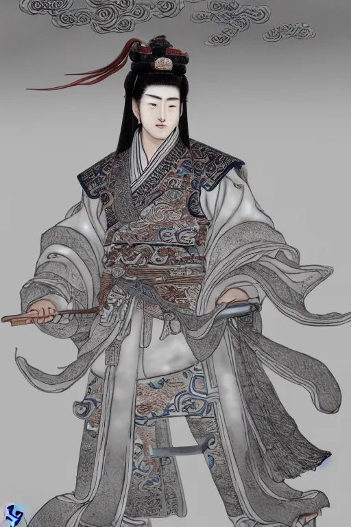 Prompt: a highly detailed epic character design of ancient chinese hansome young emperor, crown wearing white imperial robe strong, full body, background is ancient chinese architecture ， clouds, by chen uen, yoji shinkawa 8 k