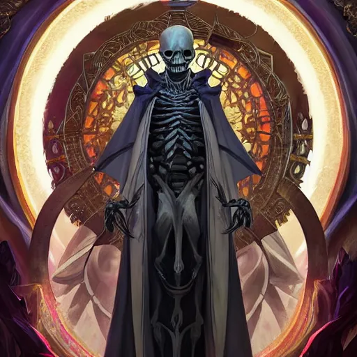 Image similar to Tall skeleton overlord, covered with royal robes, magic caster, wide shoulders, evil aura, full body shot, digital pencil art, fantasy, isekai, art by artgerm and greg rutkowski and alphonse mucha