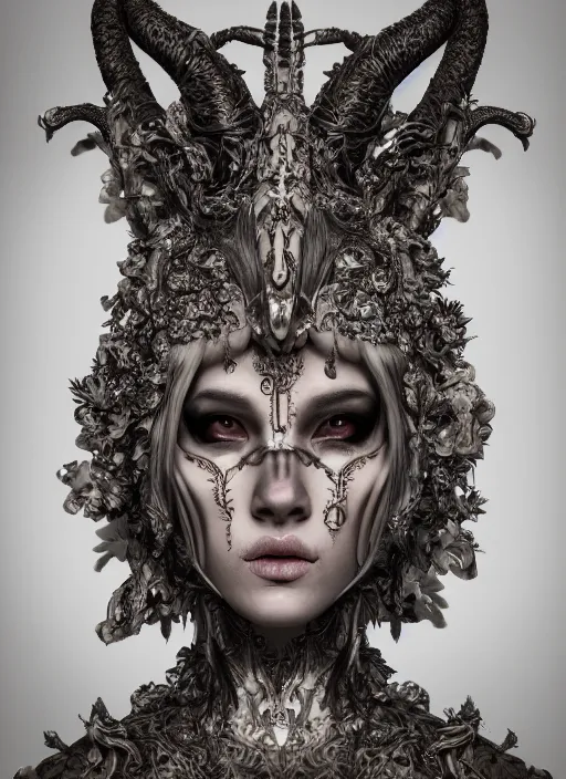 Image similar to a portrait of female by nekro borja, photorealistic, intricate details, hyper realistic, fantasy, elegant, baroque, horn, ram skull headpiece, photorealistic, photography, symmetrical features, symmetrical pose, wearable art, unreal engine,