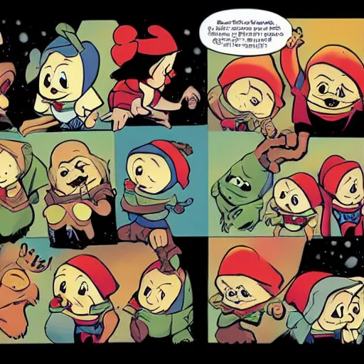 Prompt: snow white and the seven dwarfs, artwork by skottie young