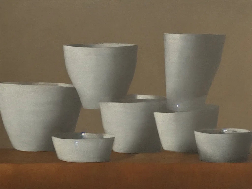 Prompt: ceramic bowls, sculptures catching water from the rain. Painting by Morandi