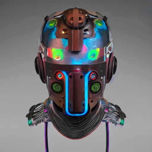 Prompt: a claymodel of a dieselpunk aztec futuristic robot head wearing an emotiv eeg - headset, 8 k, front shot, symetrical, flourescent colors, halluzinogenic, multicolored, insanely detailed, front shot, 3 d render, octane