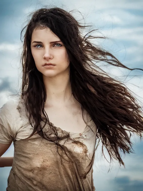 Prompt: hyperdetailed photo of a beautiful ukrainian girl, brown eyes, dark hair, winds of winter, with ripped t - shirt