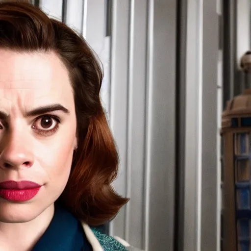 Prompt: a beautiful full body photograph of hayley atwell as the doctor from doctor who posing in front of the tardis, symmetrical face, extreme realism and detail, 8 k, completely framed, direct lighting, 3 5 mm photo, photorealistic, sharp focus
