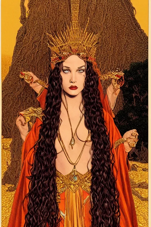 Image similar to Portrait of historically accurate, ancient biblical, sultry, sneering, evil, pagan, wicked, queen jezebel, wearing gilded robes, long hair, intricate, elegant, highly detailed, masterpiece, illustration, art by Jean Giraud, highly detailed, trending on artstation, award winning