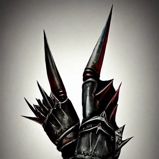 Image similar to metal claws on gloves, weaponized gauntlett, old gloves with attached talons, pointy fingertips, dark background, highly detailed, 8 k, trending on artstation, mystic, rpg artwork, by peter jackson, by sauron