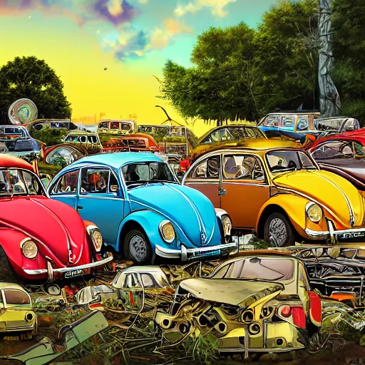 Image similar to highly detailed illustration of a bunch of volkswagen beetles and the british group the beatles battling on a junkyard battleground, color restoration