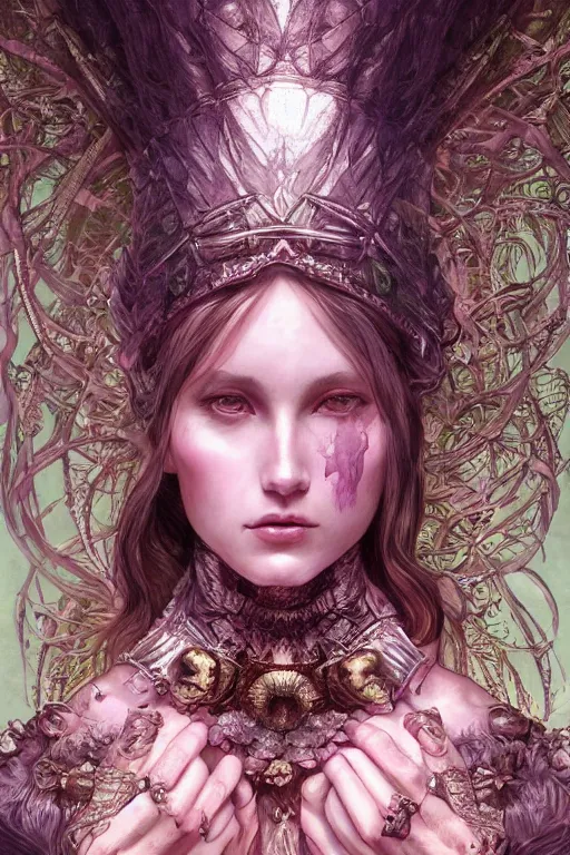 Image similar to Portrait of dark souls a goddess of love, pastel pink, dark fantasy, intricate, elegant, highly detailed, photographic, full-body portrait, artstation, concept art, smooth, sharp focus, illustration, art by artgerm and H R Giger and alphonse mucha