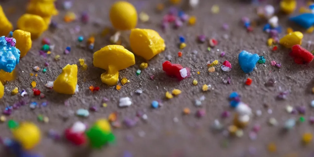 Image similar to a cinematic film still of a claymation stop motion film about a town made of lemons and candy, shallow depth of field, 8 0 mm, f 1. 8