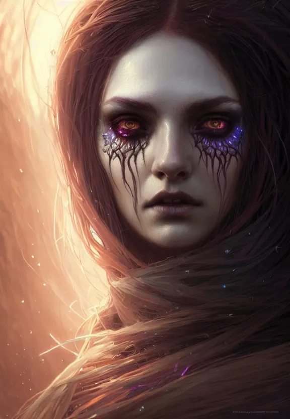 Image similar to Necromancer Sorceress face close-up macro in center, fantasy magic, undercut hairstyle, dark light night, intricate, elegant, sharp focus, illustration, highly detailed, digital painting, concept art, matte, art by WLOP and Artgerm and Greg Rutkowski and Alphonse Mucha, masterpiece