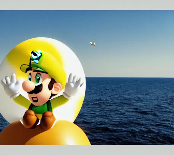 Prompt: luigi sitting on an egg flying over the sea, wide shot, dramatic, golden hour