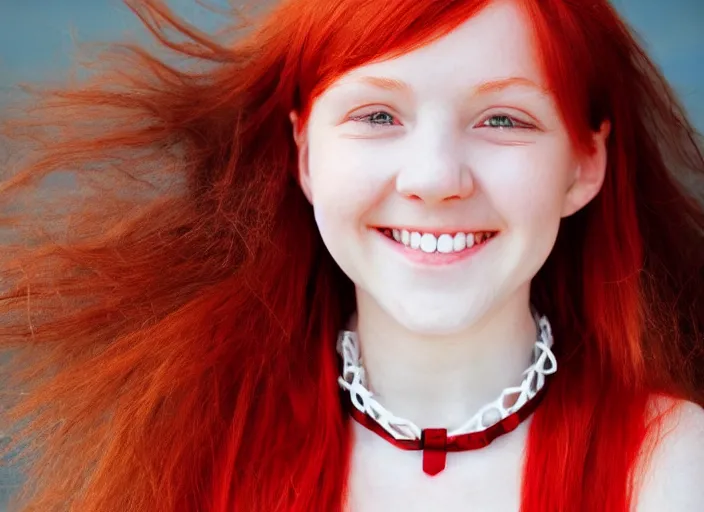 Image similar to portrait of a red haired girl with a choker necklace, and a beautiful smile