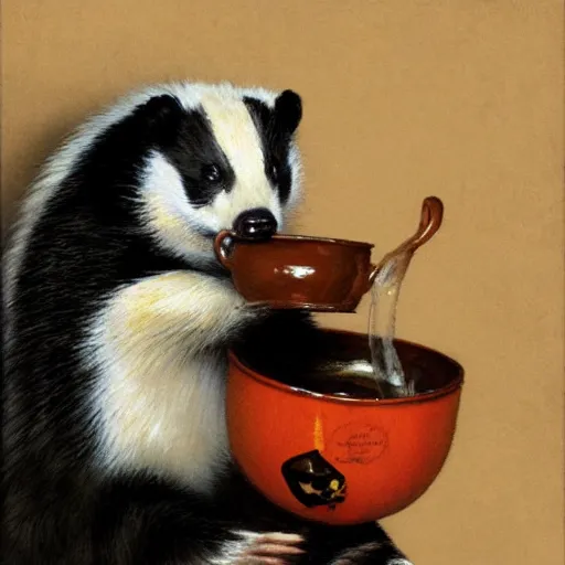 Image similar to Norman Rockwell painting of a fat badger drinking tea, artstation, furaffinity, high res, 4k