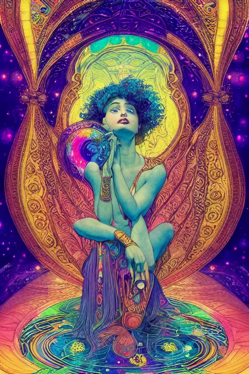 Image similar to beautiful goddess of space and dreams, mandala, coherent design, symmetrical, vivid colors, digital watercolor ink illustration painting, complementary color, golden ratio, detailed, sharp lines, sharp focus, intricate, rainbowshift, artgerm, gustave dore, maxfield parrish, alphonse mucha, octane render