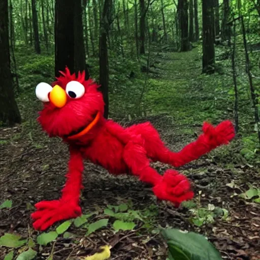 Prompt: found footage of creepy elmo spotted in the woods, demonic, trail cam