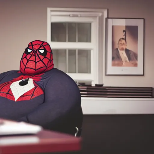 Image similar to portrait photo of old, fat spiderman doing taxes