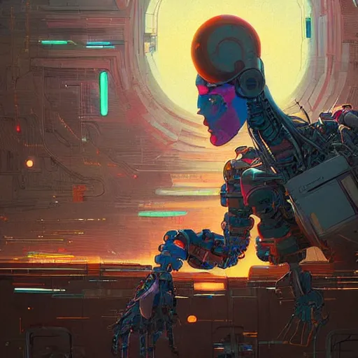 Prompt: colorful digital art of a robot trying to repair the universe, intricate complexity, by greg rutkowski, artgerm, ross tran, conrad roset, takato yomamoto, ilya kuvshinov. 4 k, beautiful, cinematic dramatic atmosphere