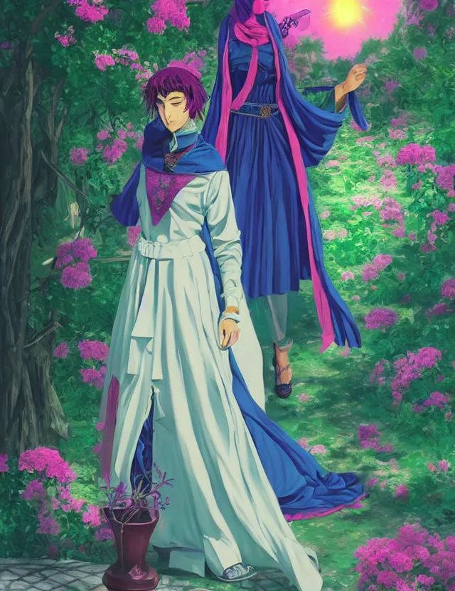 Prompt: middle eastern scifi alchemist at the rose garden, wearing a lovely dress with vaporwave details. this oil painting by the award - winning mangaka has an interesting color scheme and impeccable lighting.