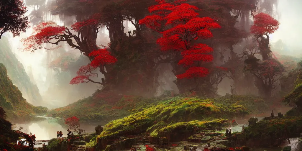 Prompt: beautiful landscape metal forests trees made of metal mountains rivers red and green leaves many layers waterfalls villages castles, buildings artstation illustration sharp focus sunlit vista painted by ruan jia raymond swanland lawrence alma tadema zdzislaw beksinski norman rockwell tom lovell alex malveda greg staples