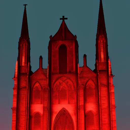 Prompt: a giant blood red full moon over a old cathedral. misty. volumetric light. moody