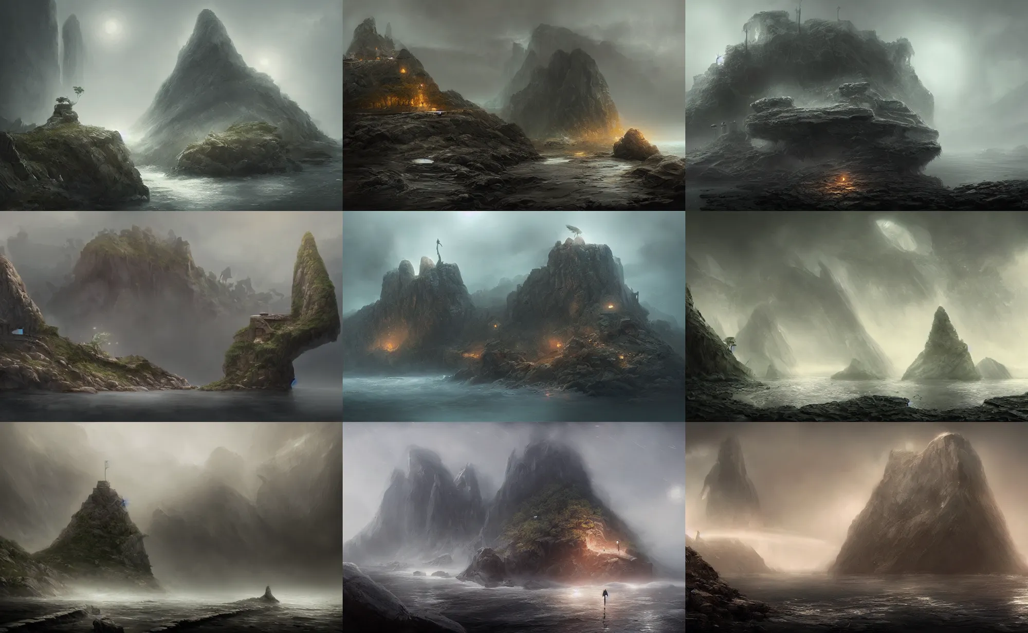 Prompt: lonely rocky island, fog, intricate, elegant, sharp focus, highly detailed, concept art, digital painting, aleksi briclot, rutkowski