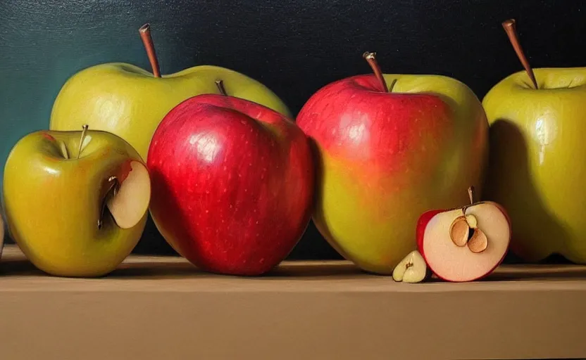 Prompt: a hyper-realistic oil painting of single!!!!!!! apple; hyper-detailed; an extraordinary masterpiece!!!; flawless; trending on artstation