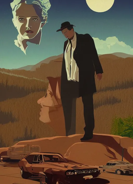 Prompt: Twin Peaks poster artwork, portrait of Channing Tatum the local pastry chef flirting with Emma Watson nun, from scene from Twin Peaks by Michael Whelan, Bob Larkin and Tomer Hanuka, simple illustration, domestic, nostalgic, clean, full of details, by Makoto Shinkai and thomas kinkade, Matte painting, trending on artstation and unreal engine, New Yorker magazine cover