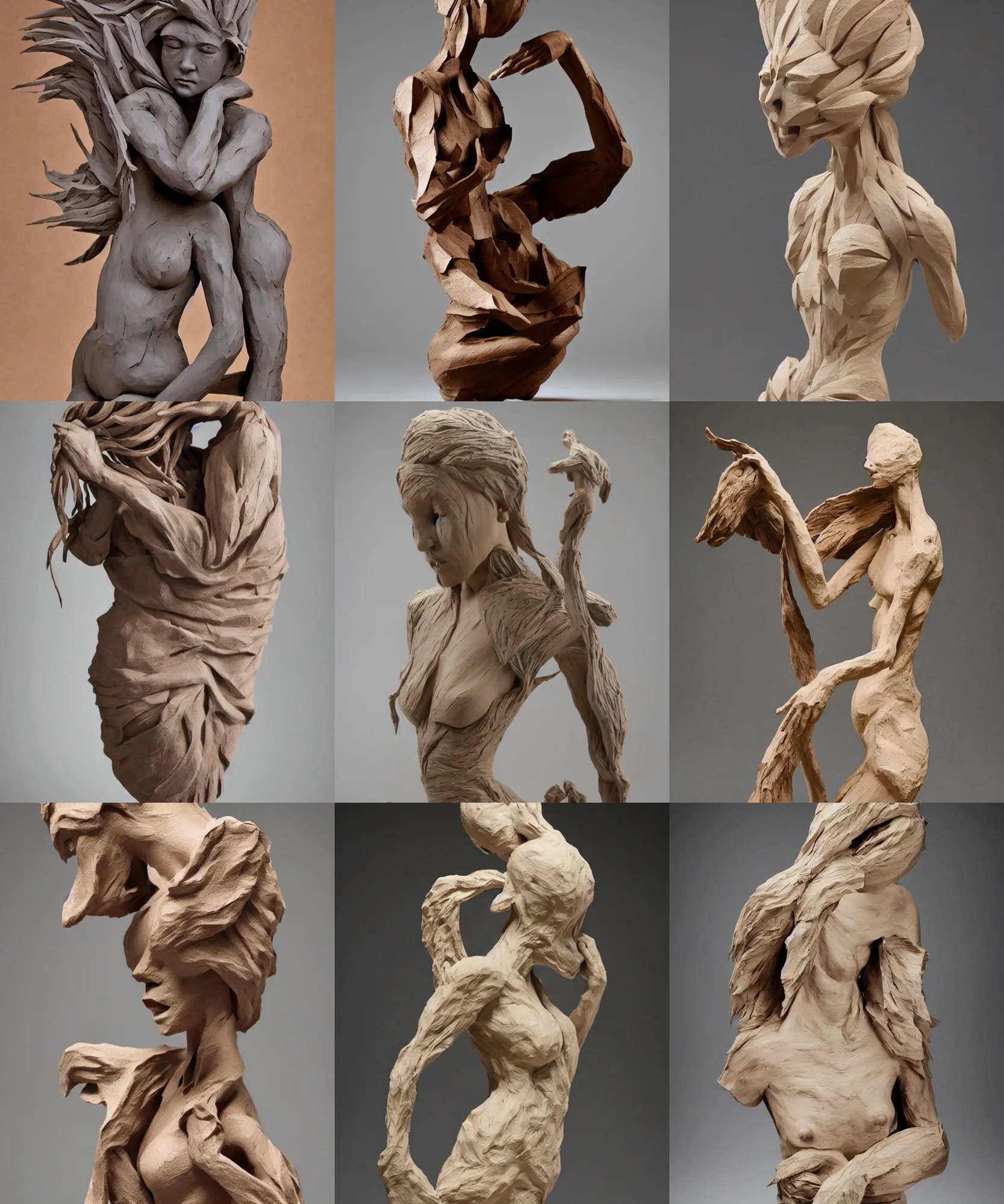 Image similar to wooden craft. rough clay. contemporary sculpture. female figure. low details. beth cavener.