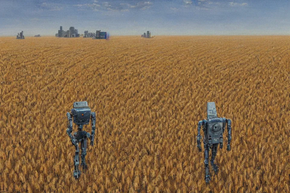 Image similar to sci-fi painting of a large alien city on the vast wheat fields, the closed back view of one humanoid robot on the ground, by Gustave Baumann, godrays, detailed