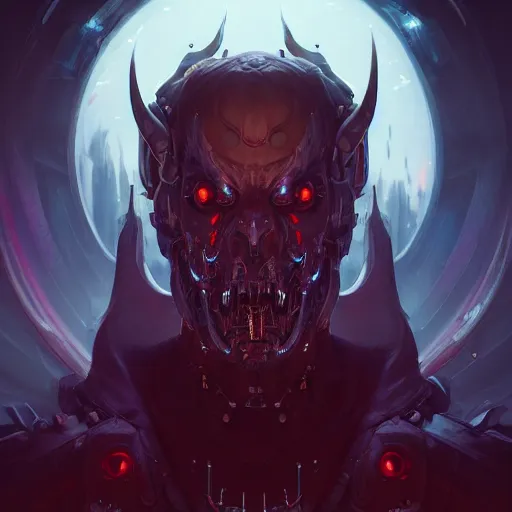 Prompt: a portrait of a demonic cybernetic duke of hell, cyberpunk concept art by pete mohrbacher and wlop and artgerm and josan gonzales, digital art, highly detailed, intricate, sci-fi, sharp focus, Trending on Artstation HQ, deviantart, unreal engine 5, 4K UHD image