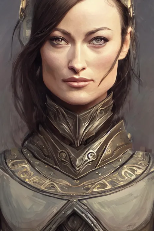 Image similar to a finely detailed portrait of Olivia Wilde, clothed in battle armor, olive skin, long dark hair, beautiful bone structure, symmetrical facial features, intricate, elegant, digital painting, trending on Artstation, concept art, smooth, sharp focus, illustration, from World of Warcraft, by Ruan Jia and Mandy Jurgens and Artgerm and william-adolphe bouguerea, award winning
