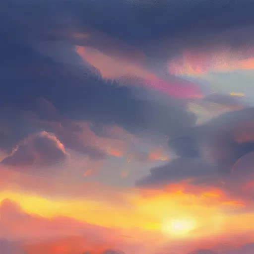Image similar to a sky at sunset, shot in the sky, loots of clouds, digital painting, trending on artstation, by sarah jane brown