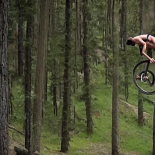 Image similar to a film still of jesus christ doing a backflip on a mountainbike