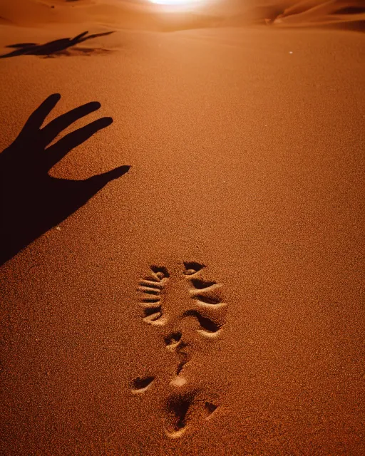 Image similar to photo of a giant human hand protruding from the sand in the sahara desert in the style of mano del desierto, a camel stands off in the distance, golden hour, bokeh