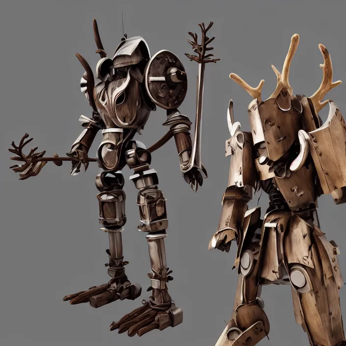 Image similar to warforged druid male anime character, wooden staff wizard, wolf armor, wolf pack, a pack of wolves, wooden antlers, made of wood, made of metal, large robot, knight, knight armor, large castle, medieval castle, wolf pack following, 3 d render beeple, realistic detailed octane render, pop up parade figure