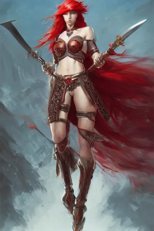 Image similar to beautiful warrior woman with red hair and two swords, fantasy, portrait, highly detailed, digital painting, trending on artstation, concept art, sharp focus, illustration, art by artgerm and greg rutkowski and magali villeneuve