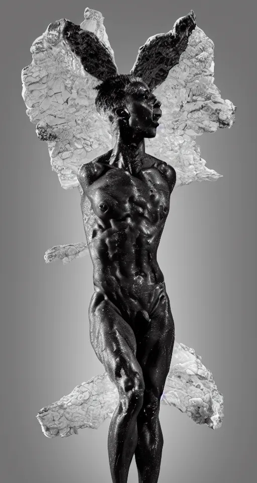 Prompt: hyper realistic of a stunning intricate cracked black marble falling african american angel body sculpture, highly detailed, white tone background, trending on artstation, hyperrealism, matte painting, subsurface scattering