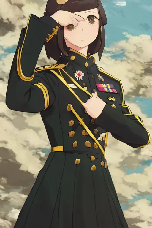 Image similar to key visual concept art, portrait of a stately anime girl wearing formal military dress uniform saluting at a full honors military funeral, somber, rule of thirds golden ratio, fake detail, trending pixiv fanbox, acrylic palette knife, style of shinkai makoto studio ghibli genshin impact