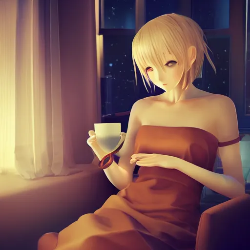 Prompt: nighttime, a beautiful anime woman enjoying a cup of tea while sitting in a reclining chair, anime, extreme detail, photorealism, octane render, cinematic lighting