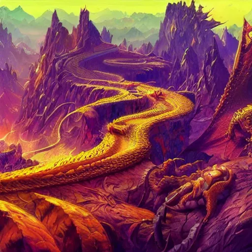 Prompt: psychedelic concept art painting of a dragon landscape made of thousands of dragons, realistic, detailed, cel shaded, in the style of makoto shinkai and moebius and peter mohrbacher and anton fadeev