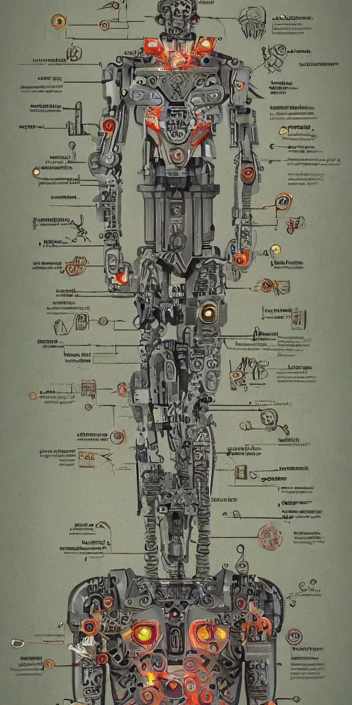 Image similar to anatomy of the terminator, robot, cyborg, t100, diagrams, mystical, intricate ornamental tower floral flourishes, technology meets fantasy, map, infographic, concept art, art station, style of wes anderson